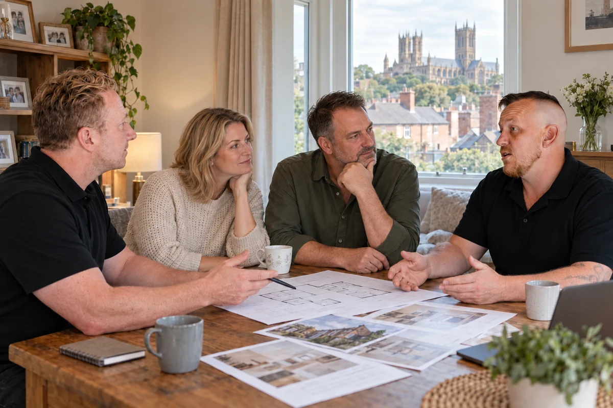 AI-generated illustration of Simon and Davey explaining a property plan to an investor couple in their home