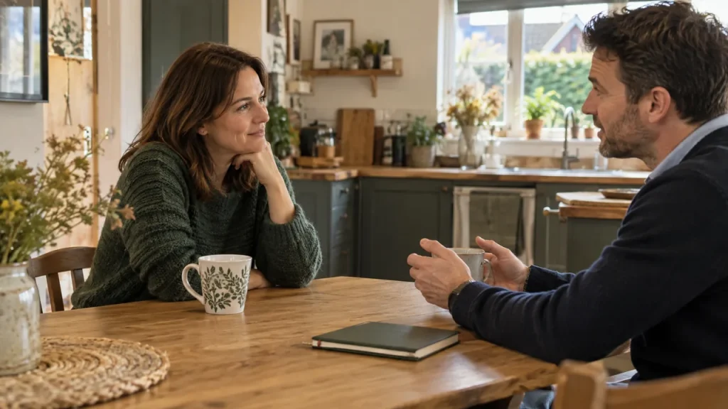 Illustrative scene: two people discussing documents at a kitchen table.