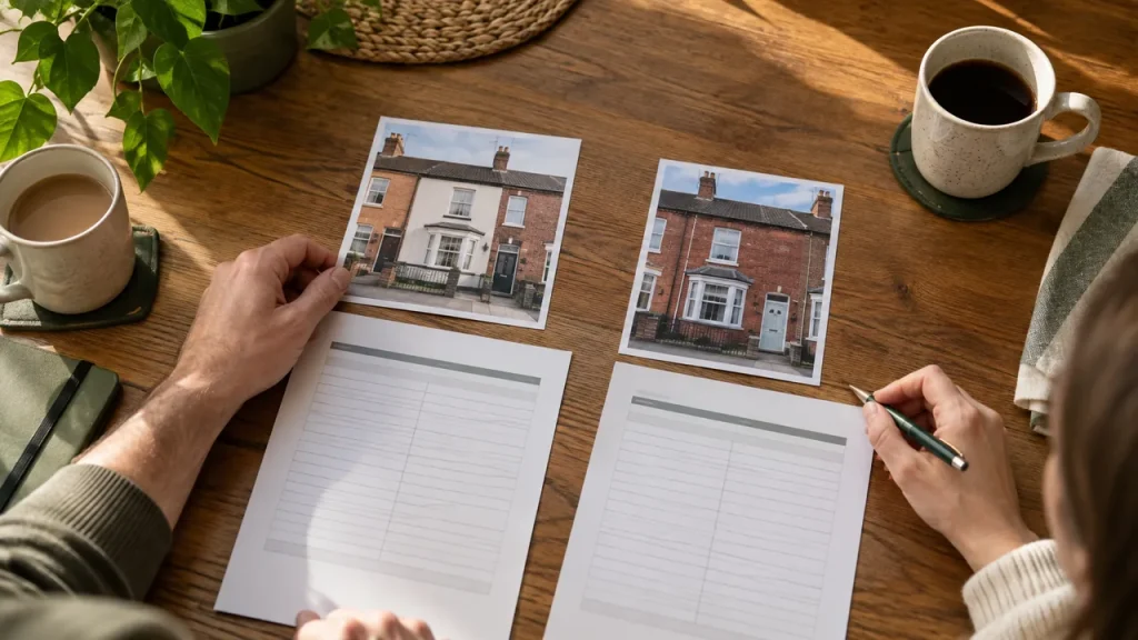 Illustrative scene: two printed photographs of terraced homes beside comparison notes.