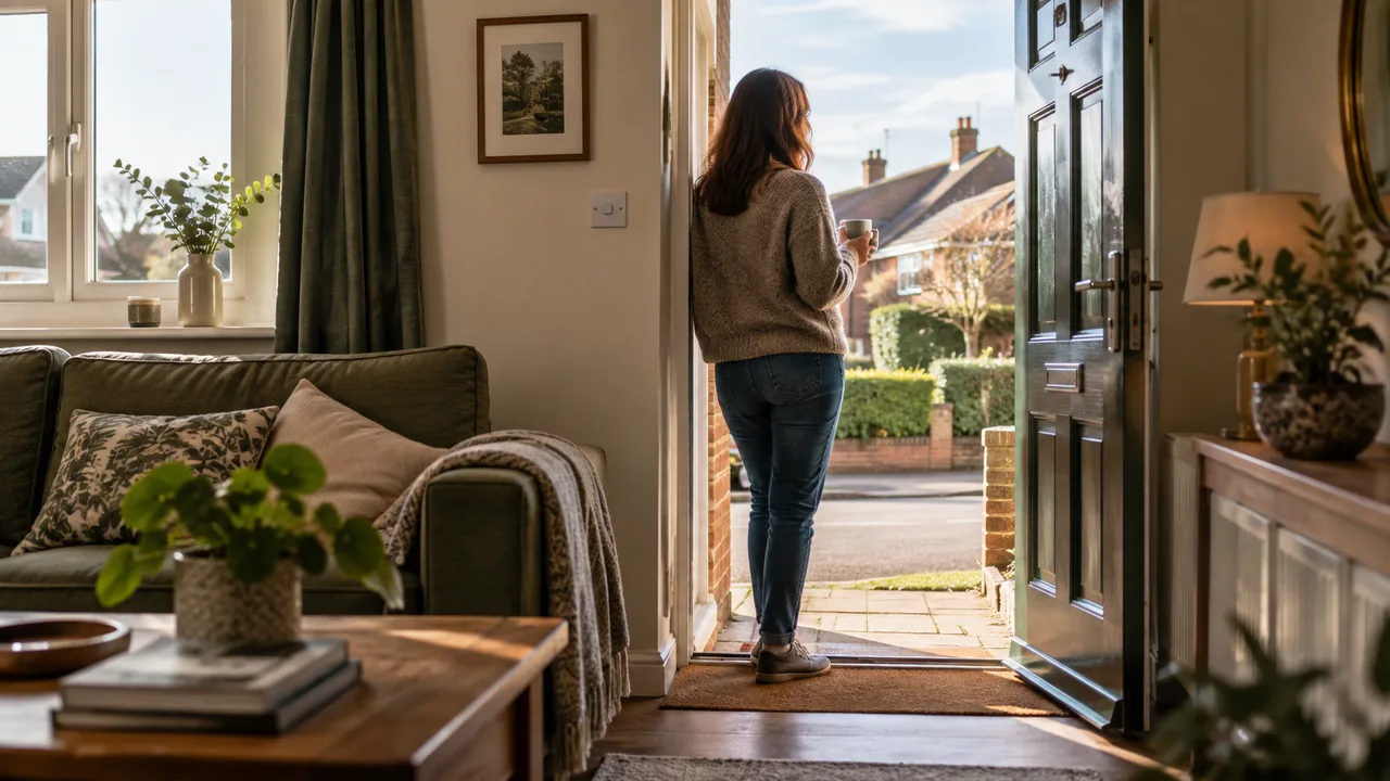 Illustrative scene: woman beside an open door looking towards a residential garden.