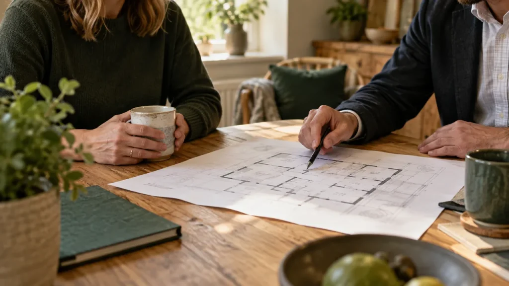 Illustrative scene: hands and a floor plan during a conversation at a kitchen table.