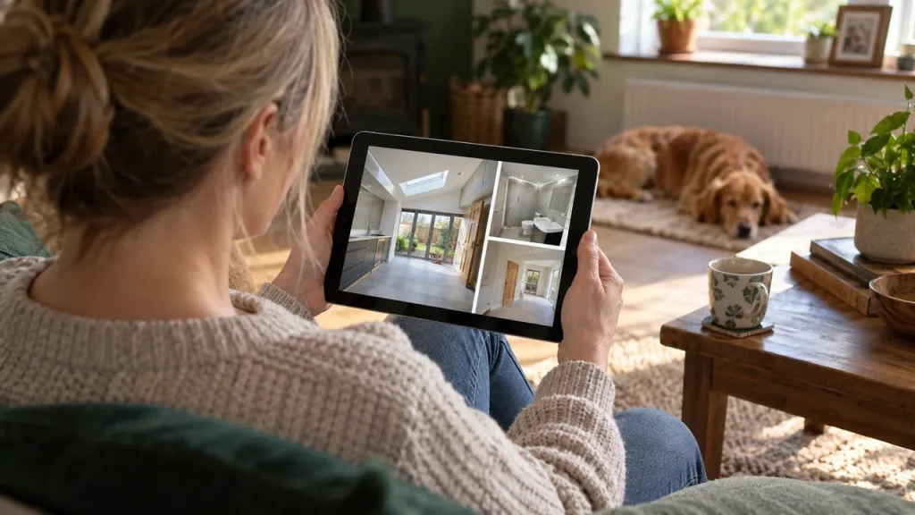 Illustrative scene: woman checking property photographs on a tablet beside a dog.