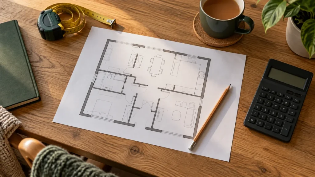 Illustrative scene: floor plan, calculator, measuring tape and a mug on a budgeting desk.