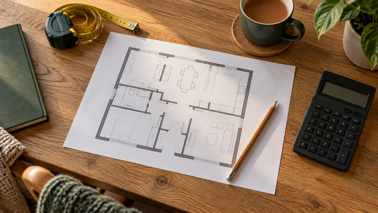 Illustrative scene: floor plan, calculator, measuring tape and a mug on a budgeting desk.
