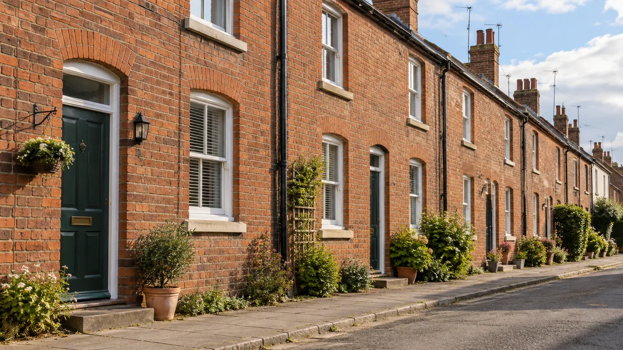 Illustrative scene: redbrick terraced homes beside a quiet residential pavement.