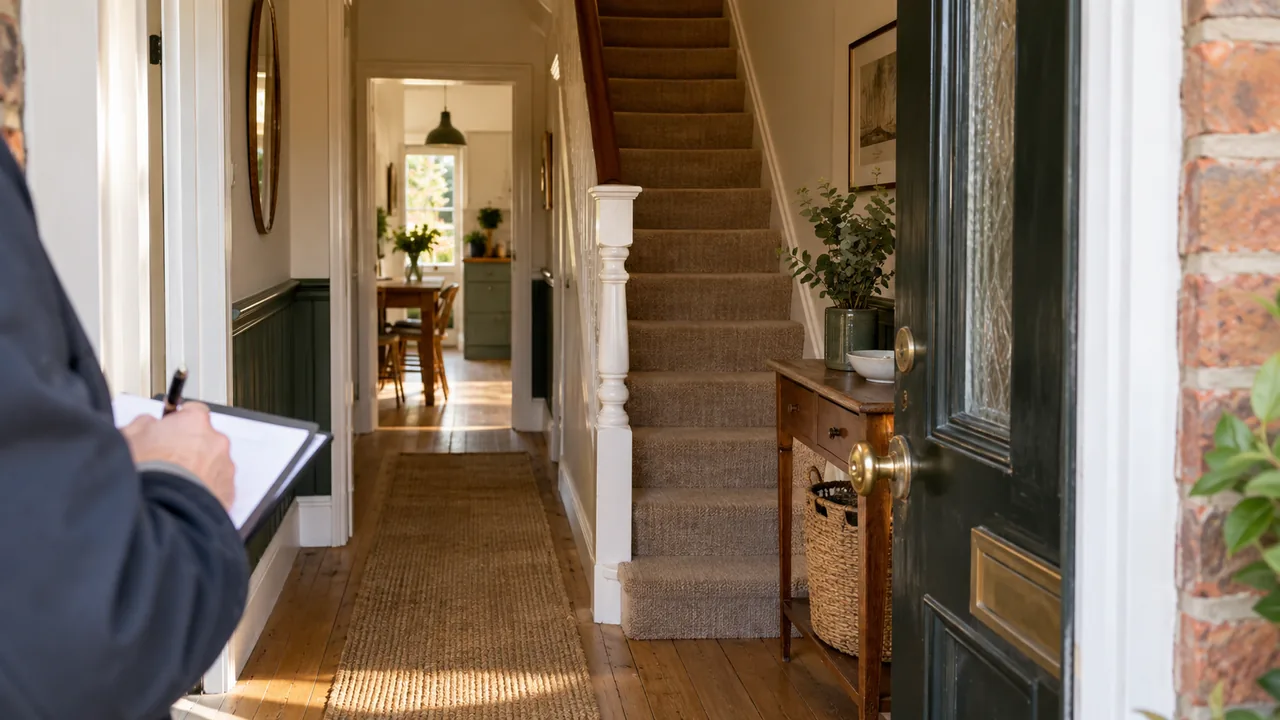 Illustrative scene: clipboard beside stairs and the front door in an older home.