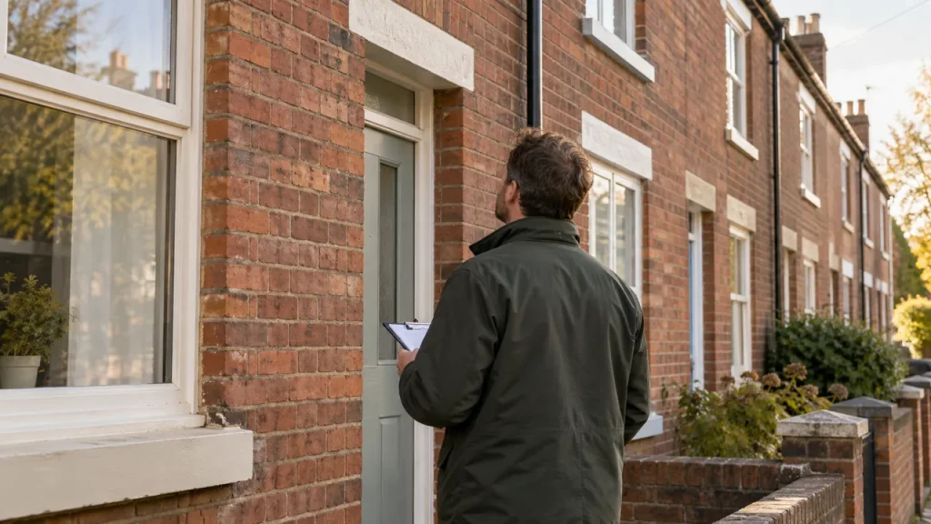 Illustrative scene: building professional checking a terraced home's entrance with a clipboard.
