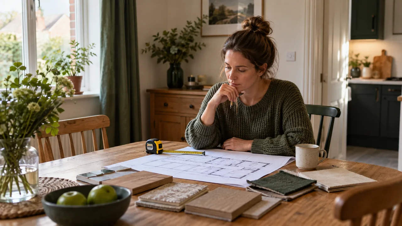 Illustrative scene: woman reviewing a floor plan and material samples at a table.