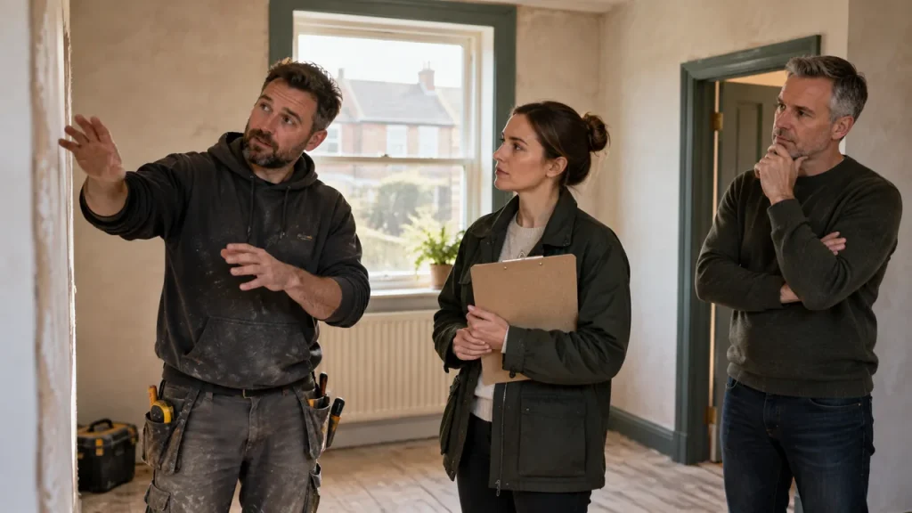 Illustrative scene: builder explaining ceiling work to two people during a site visit.